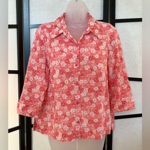 Emma James 3/4 Sleeve Pink Floral Print Button Up Blouse - lightweight Size 12